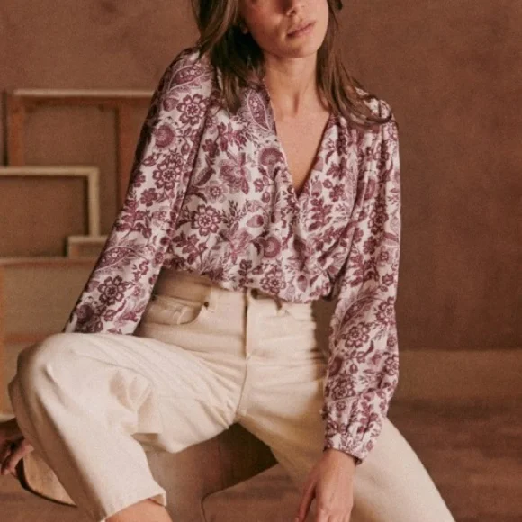 Sezane Abelia Blouse Ghalia Ecru Purple Wrap Top Size 32 French US 0 Long Sleeve - Picture 3 of 14